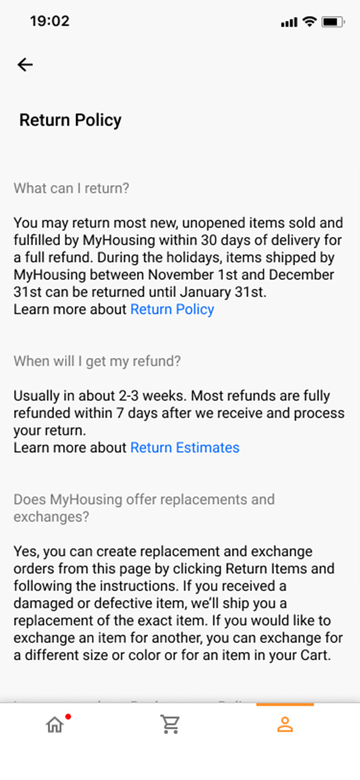 screen to check return policy